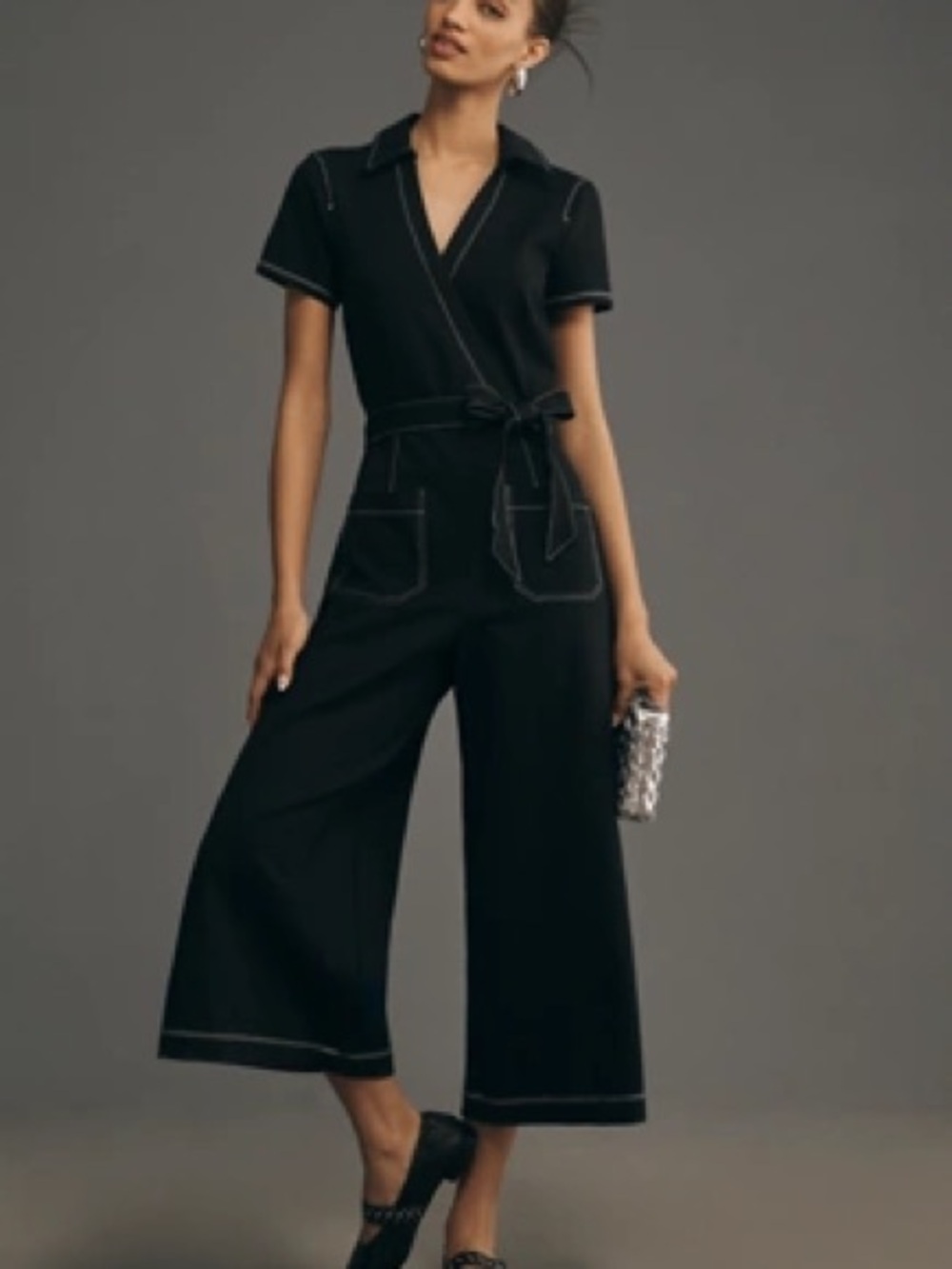 Maeve Denim Short-Sleeve Wrap Utility Jumpsuit with Contrast Stitching - Picture 2 of 3